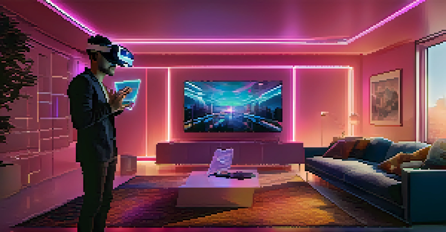 A person in a stylish living room wearing a VR headset, interacting with a holographic movie character in a cozy atmosphere.