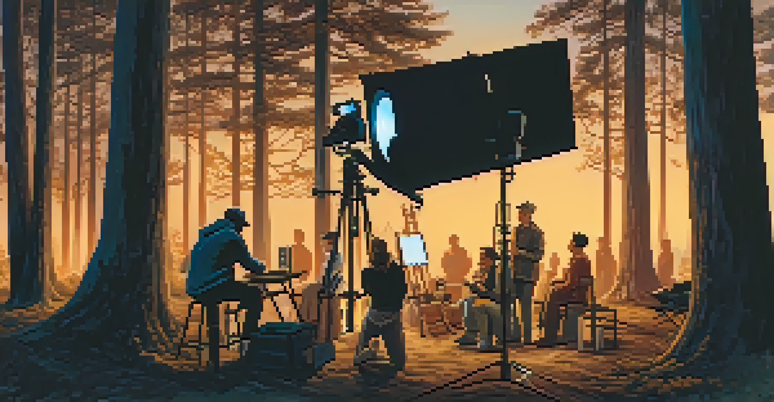 A director and writer collaborate on an outdoor film set at dusk, with warm lights creating a cozy atmosphere.