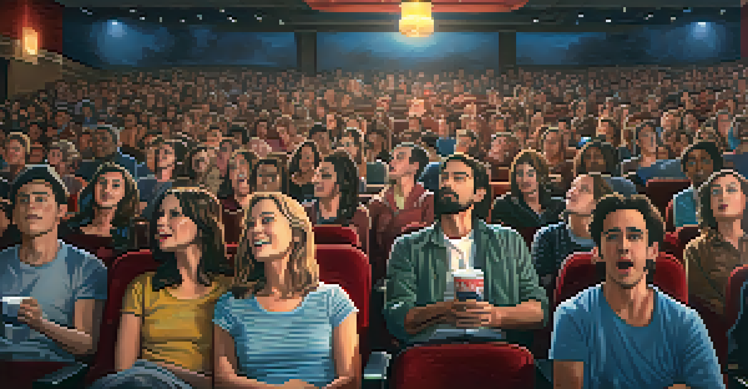 An audience in a movie theater watching a film that addresses social issues, with faces illuminated by the screen's light.
