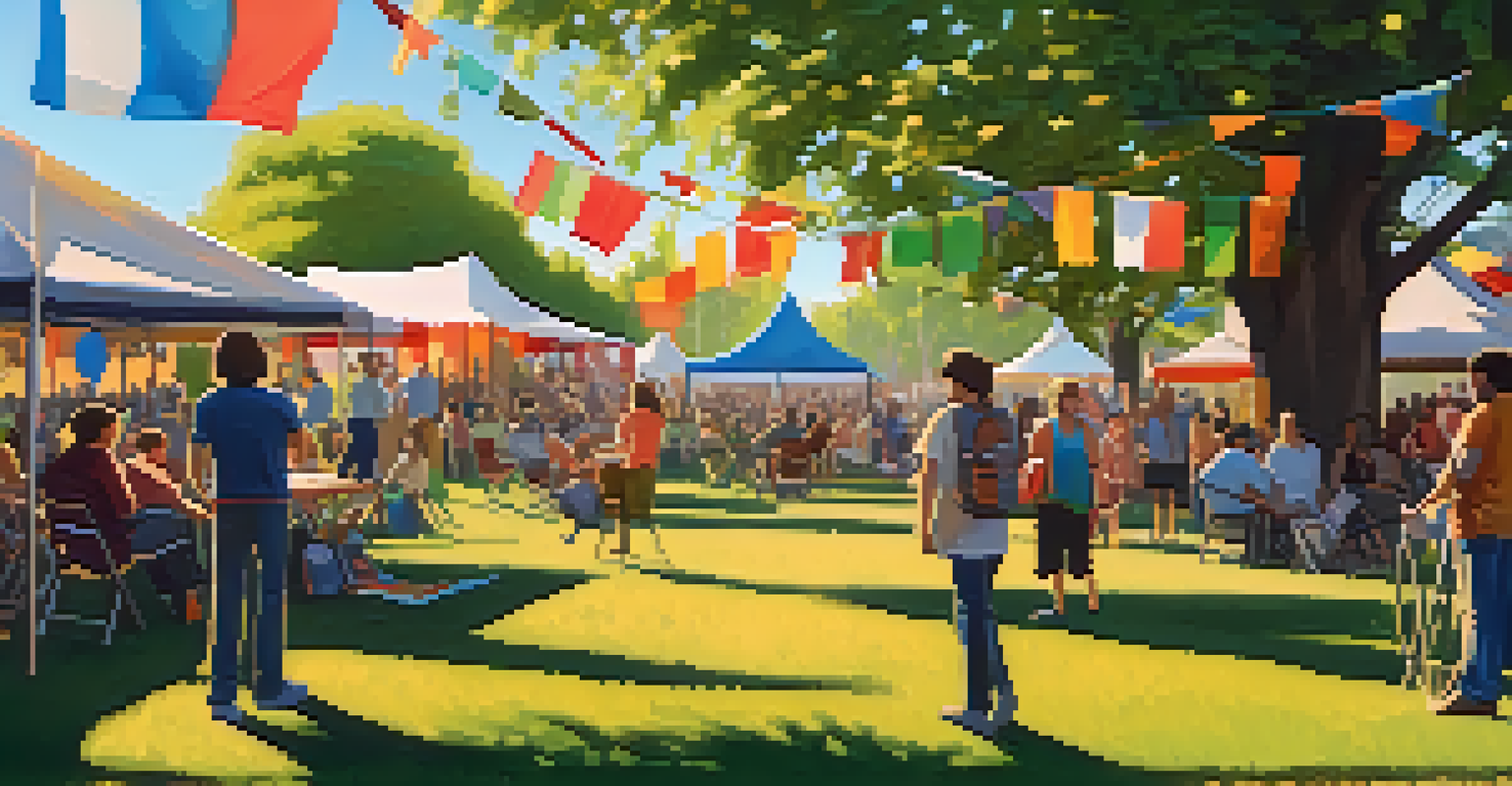 An outdoor film festival with diverse filmmakers, including disabled artists, showcasing their work with colorful decorations and an engaged audience.