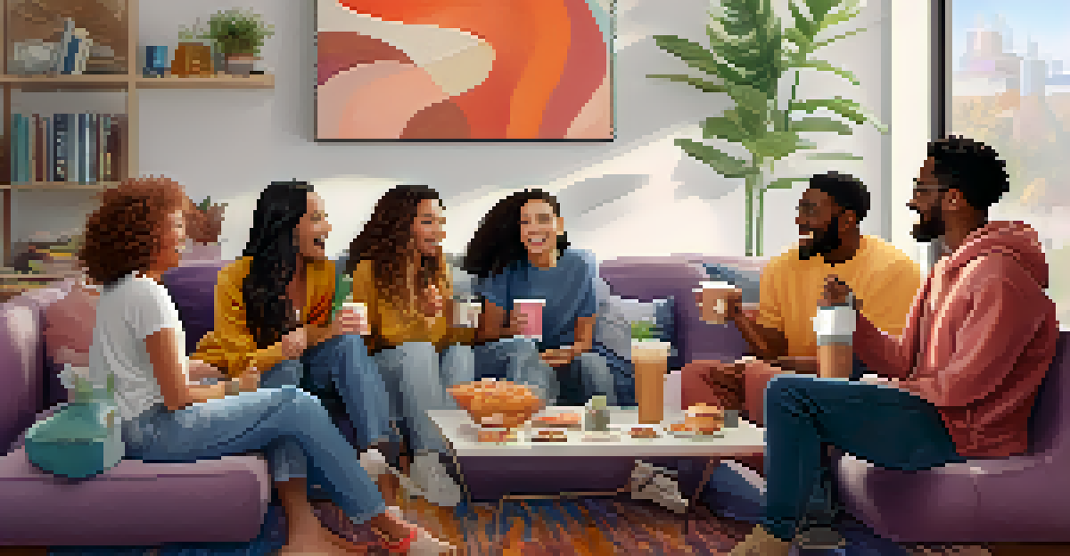 A diverse group of friends discussing streaming shows around a coffee table with snacks and a TV in the background.
