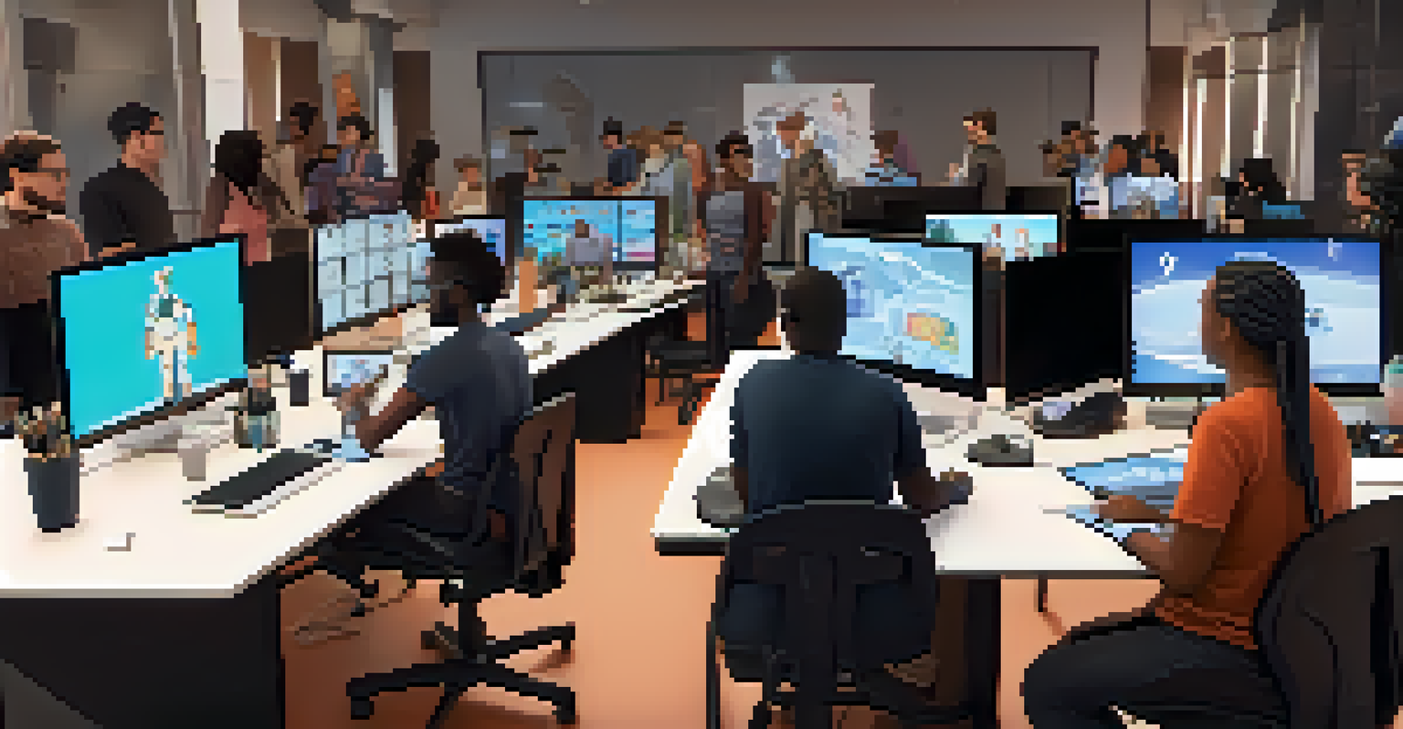 Independent creators in a digital animation workshop, using advanced technology to create animated characters.
