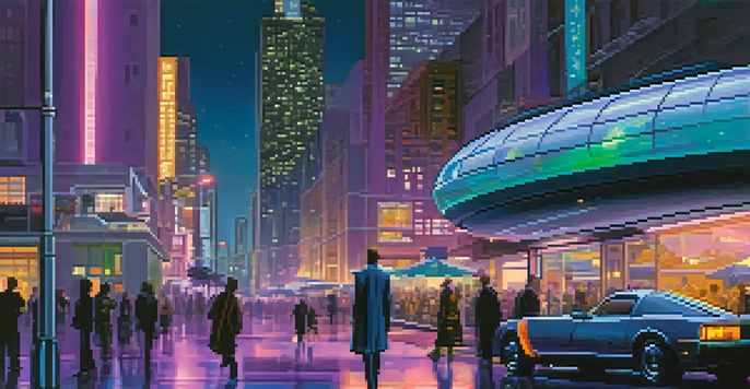A futuristic city with skyscrapers and a time machine, illuminated by neon lights at twilight.