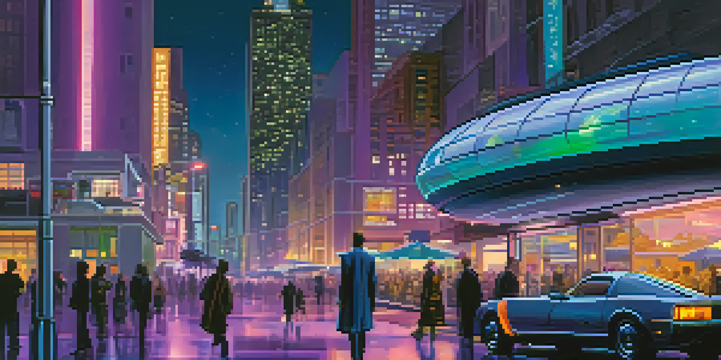 A futuristic city with skyscrapers and a time machine, illuminated by neon lights at twilight.