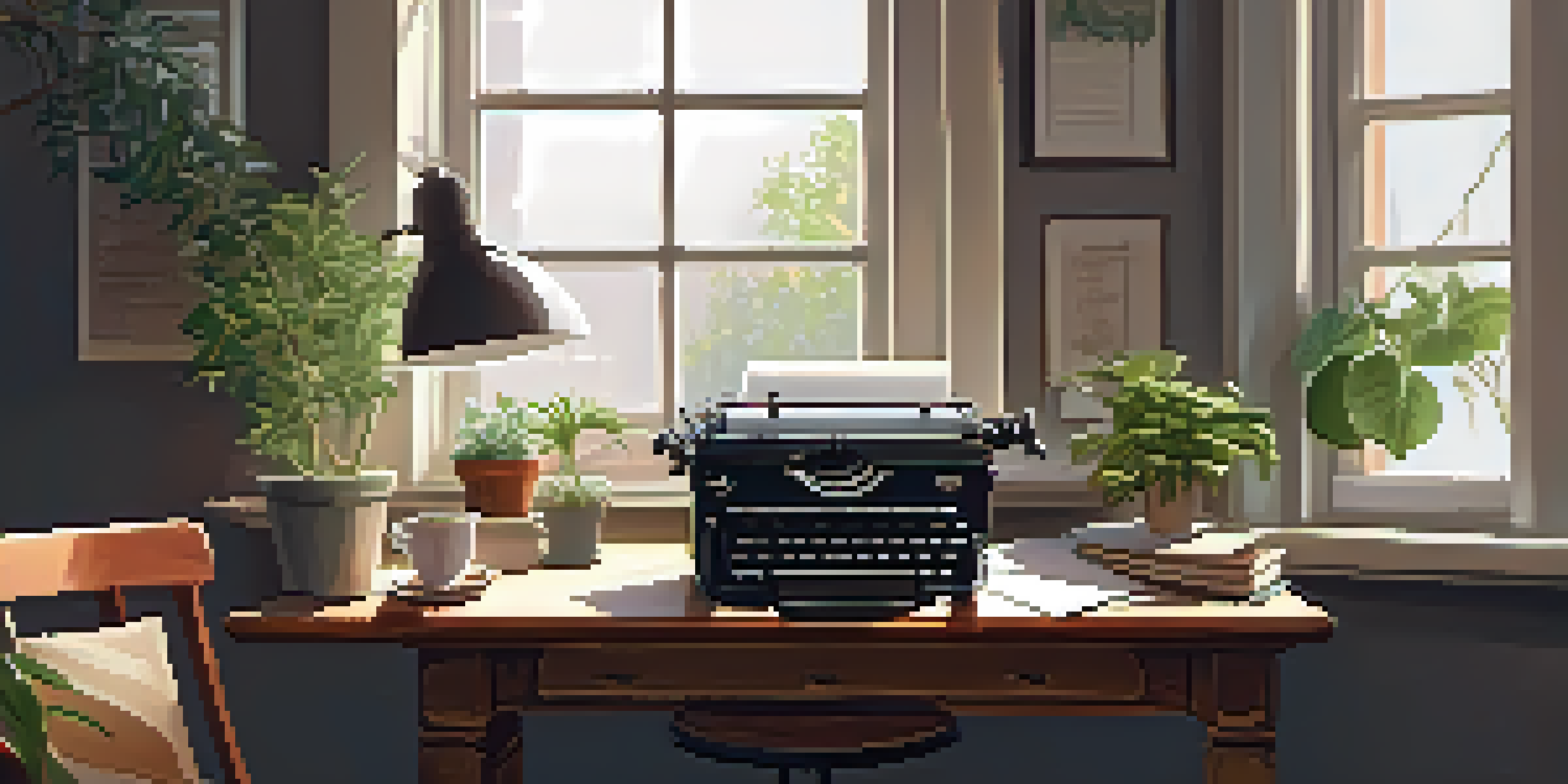 A warm writing space with a desk, laptop, coffee, and plants bathed in sunlight.