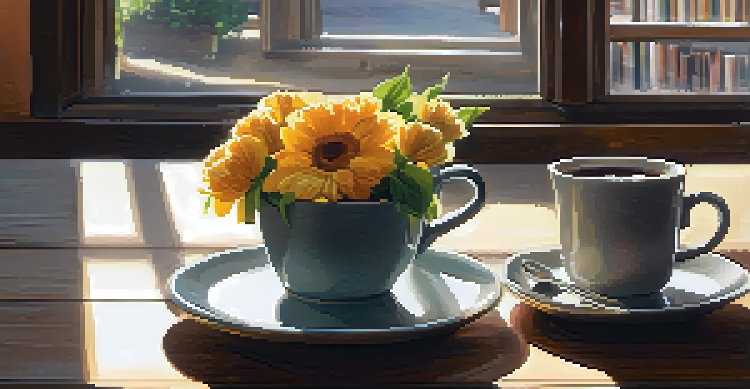 A cozy café scene with a wooden table, coffee cups, and flowers illuminated by soft natural light.