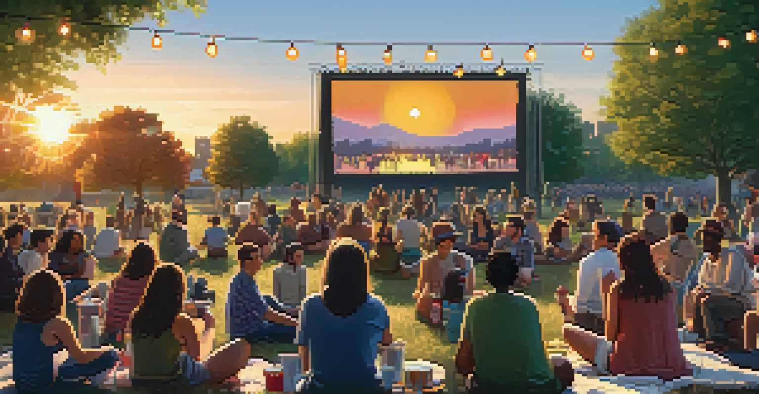 A film festival in a park with people watching a documentary on a large screen, surrounded by blankets and food.