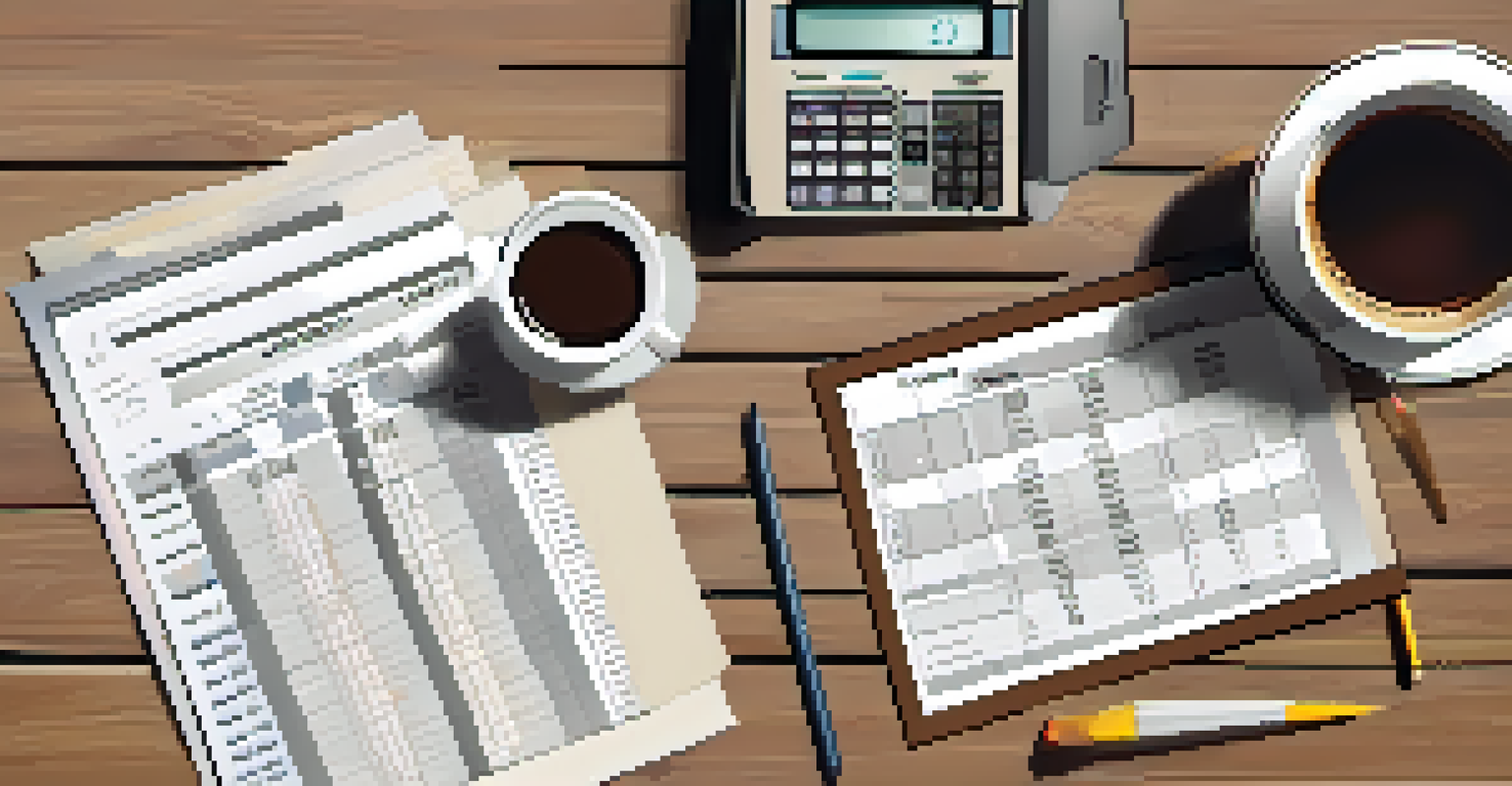 An overhead shot of a film budget spreadsheet on a desk, surrounded by notes, a calculator, and a cup of coffee in natural light.