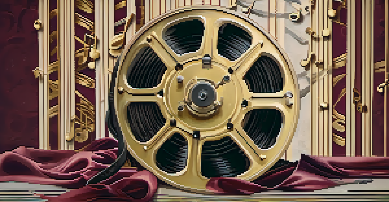 A film reel intertwined with musical notes against a vintage cinema backdrop, evoking nostalgia.