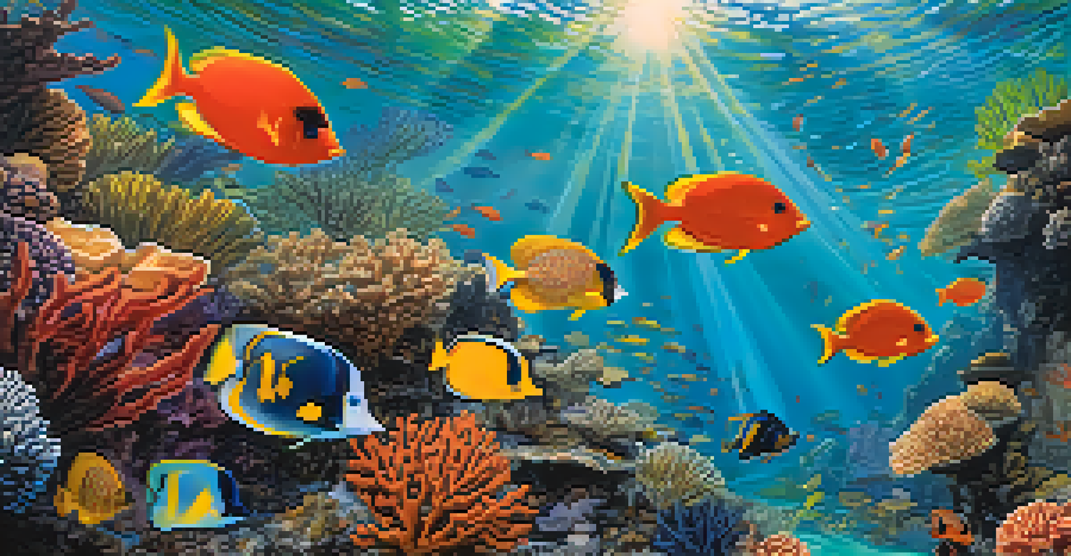 A tranquil underwater coral reef filled with colorful fish and sunlight filtering through the water.