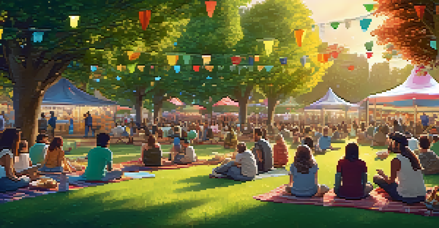 A community outdoor screening of a classic film in a park, with families and friends sitting on blankets, enjoying the movie under fairy lights.