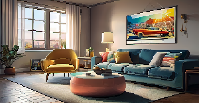 A warm and inviting living room featuring a large TV showing a colorful streaming interface, with a sofa, pillows, and popcorn on a table.