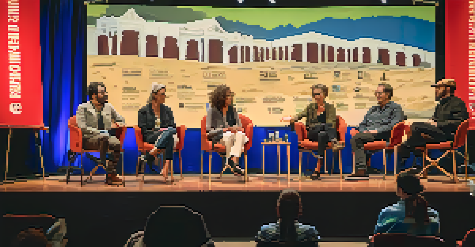 A panel discussion at a film festival with diverse filmmakers on stage and an engaged audience listening intently.