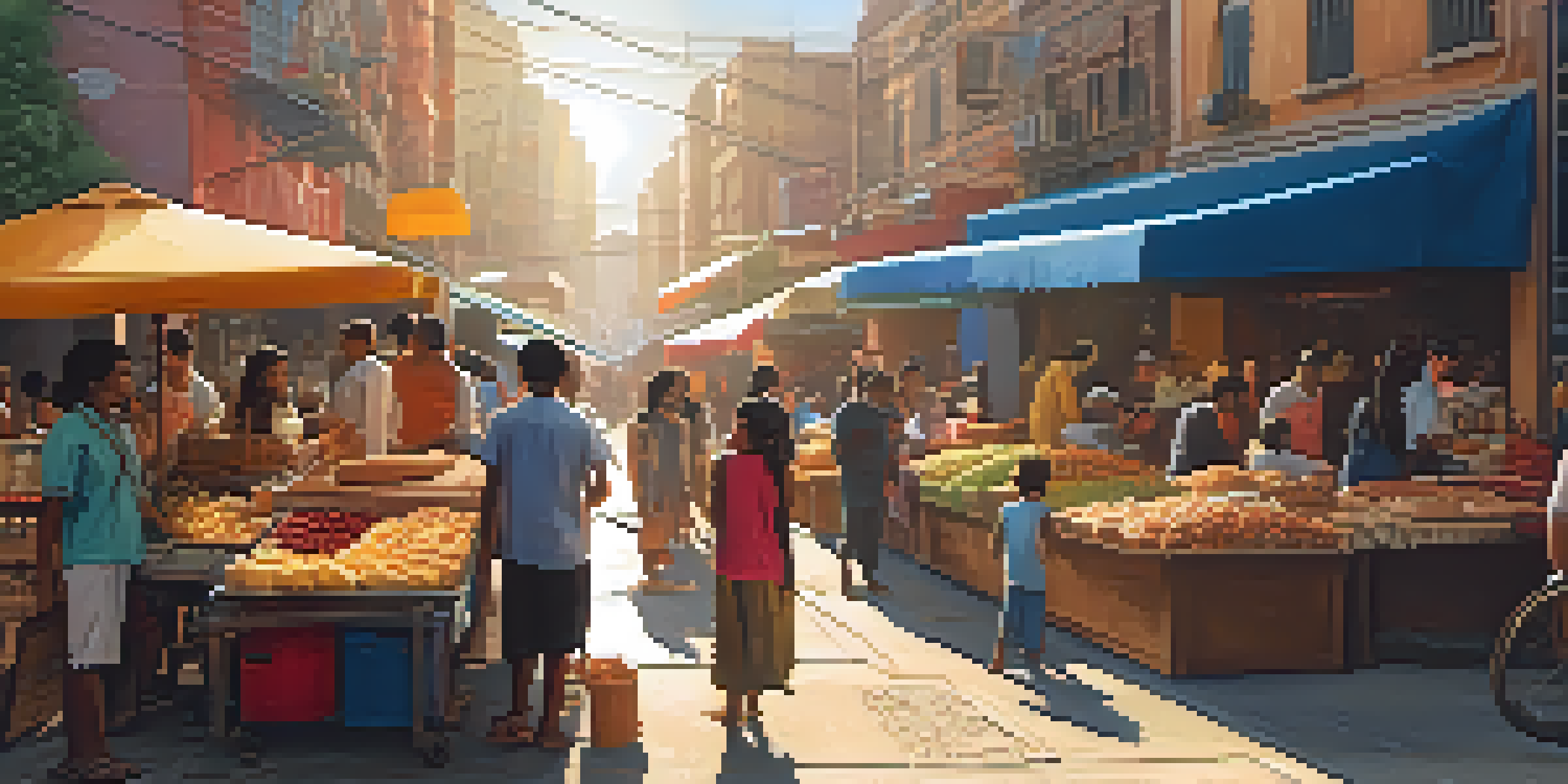 A lively urban street scene with diverse people, colorful murals, and warm golden hour lighting.