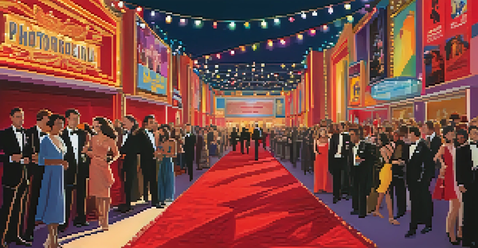 A lively film festival with attendees on the red carpet, colorful banners, and flashing cameras, creating a celebratory atmosphere.