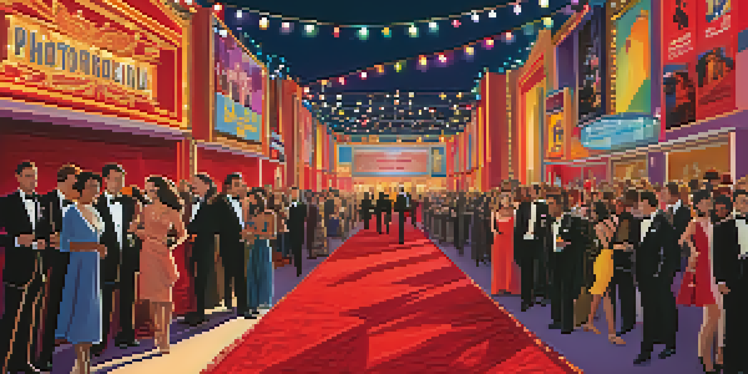 A lively film festival with attendees on the red carpet, colorful banners, and flashing cameras, creating a celebratory atmosphere.