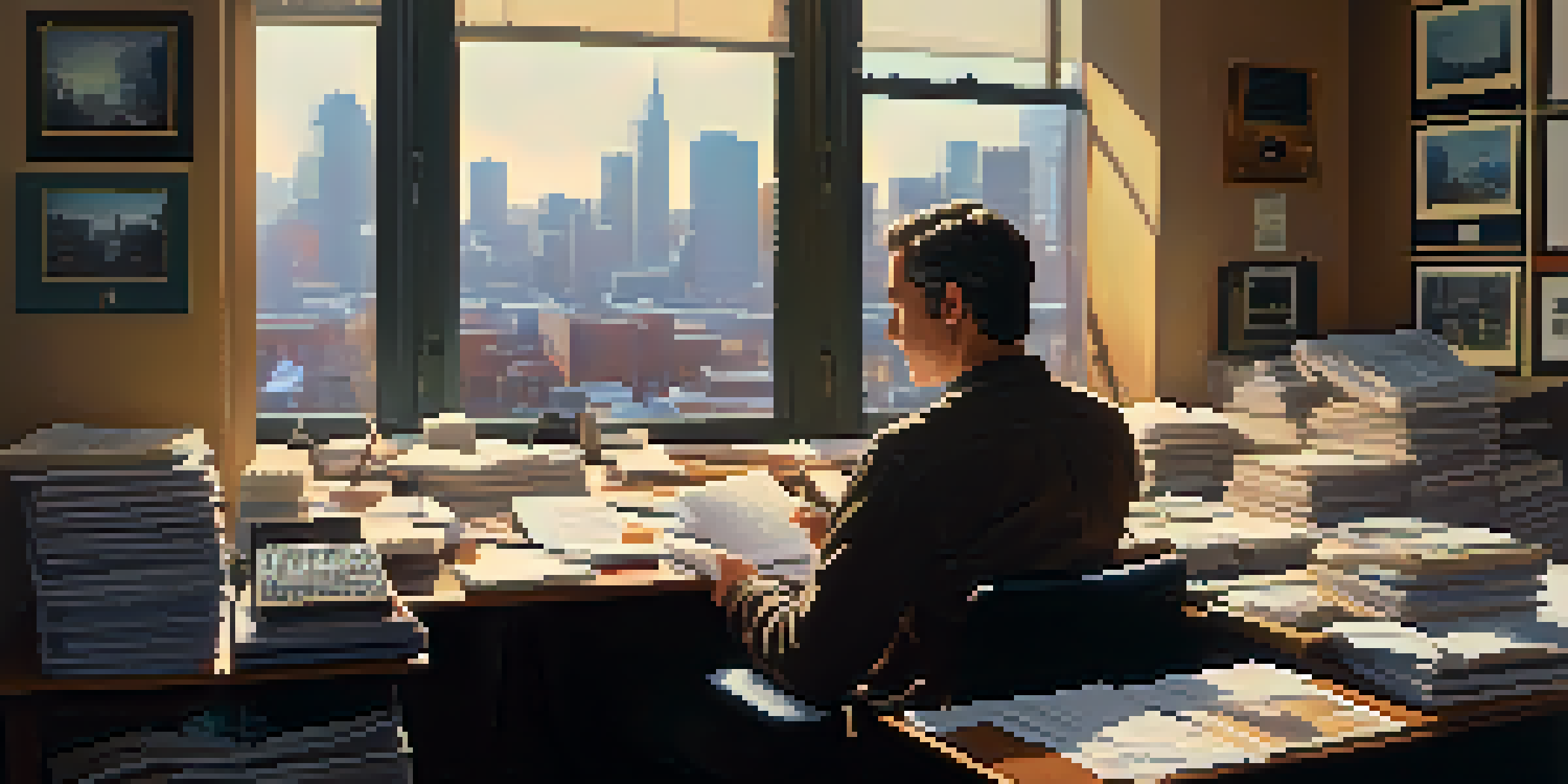 A casting director at a desk with audition tapes and headshots, reviewing submissions in a softly lit room with a cityscape view.