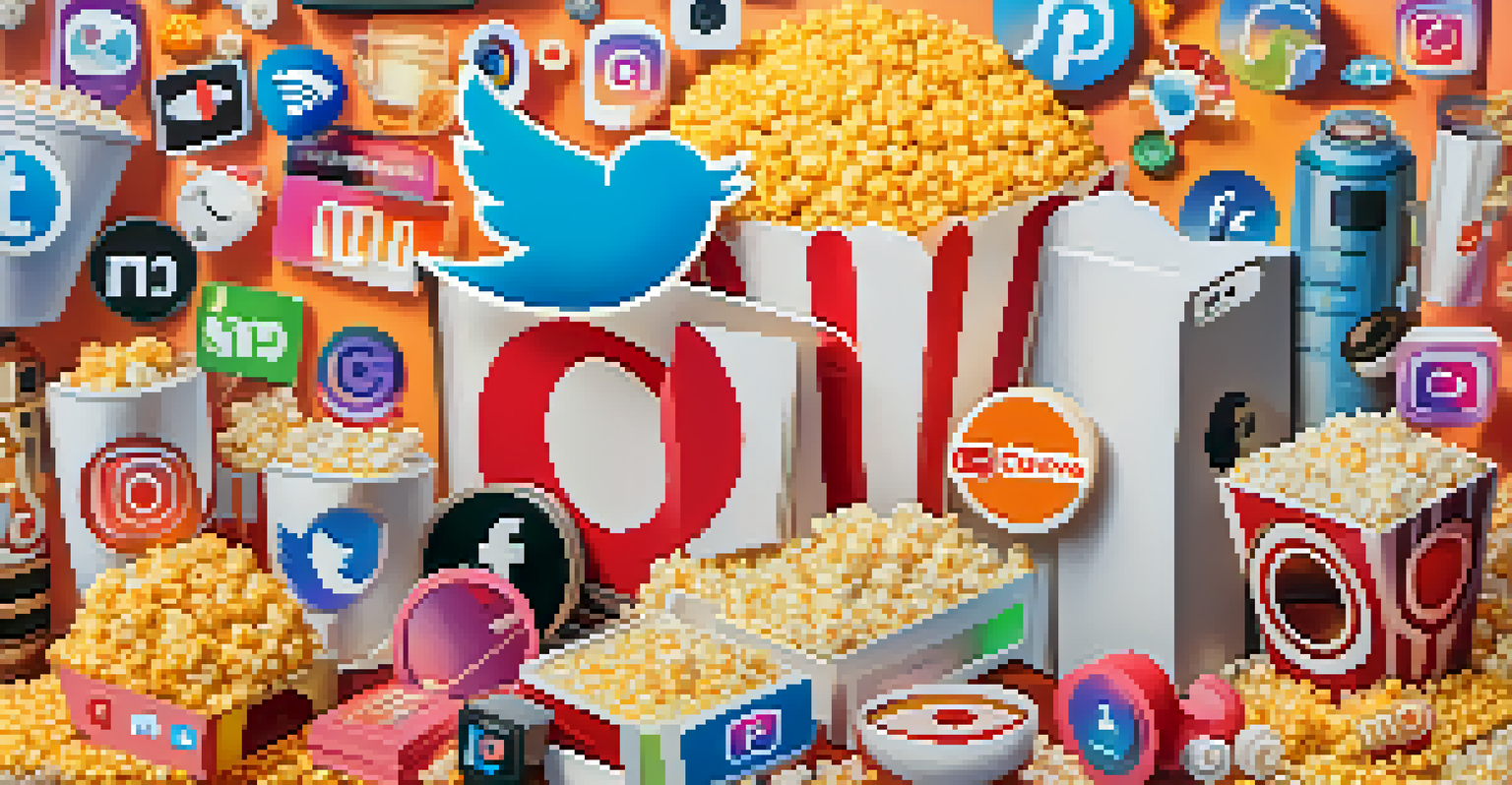 A colorful collage of social media icons and film elements, representing the dynamic world of online film criticism.