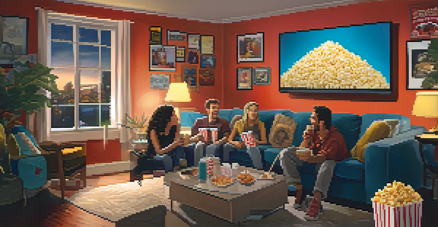 A group of friends enjoying a movie night in a cozy living room filled with snacks and movie posters.