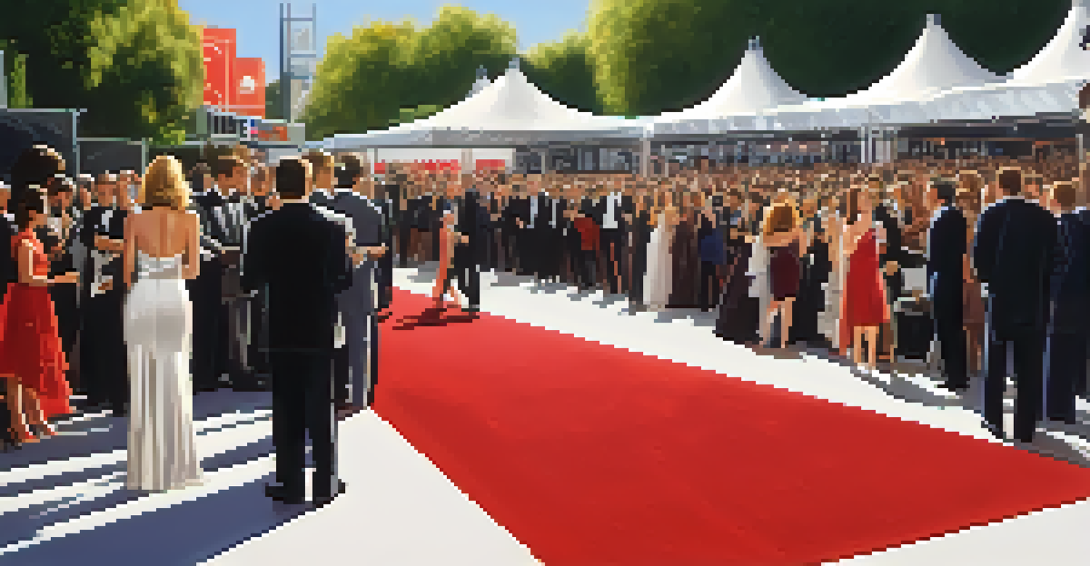 A red carpet event at a film festival with celebrities arriving, photographers, and fans in a bright and festive atmosphere.