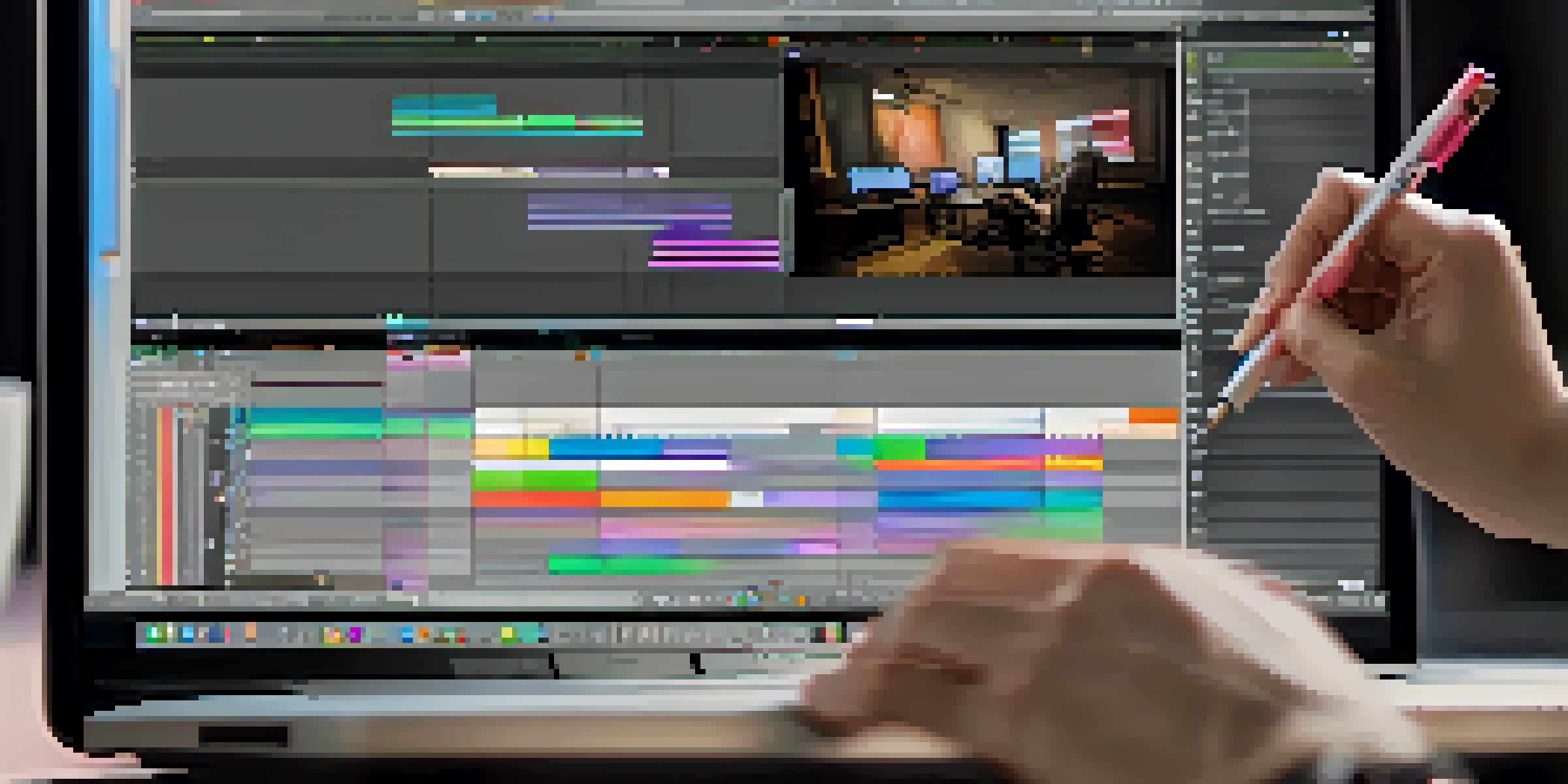 A close-up of an editor's hands using a digital editing software, with colorful clips on the timeline and a creative workspace.