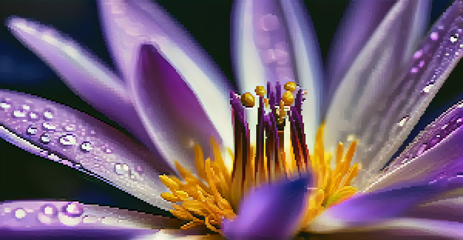 A close-up of a colorful flower with intricate petals and dew drops, set against a blurred background.