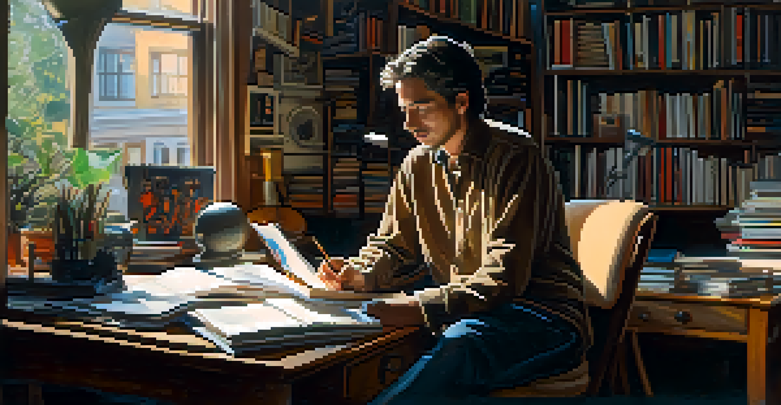 A documentary filmmaker in a cozy workspace, surrounded by books and film equipment, deep in thought.