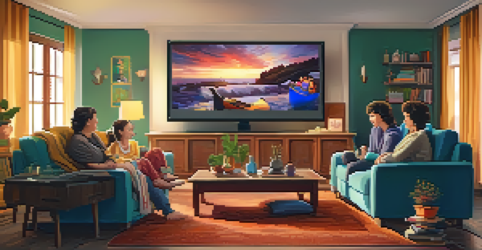 A family in a cozy living room watching an international film on television, surrounded by a warm and inviting atmosphere.