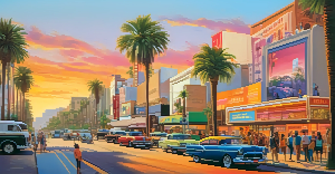 A busy Hollywood street with colorful movie posters and people enjoying the scene during sunset.