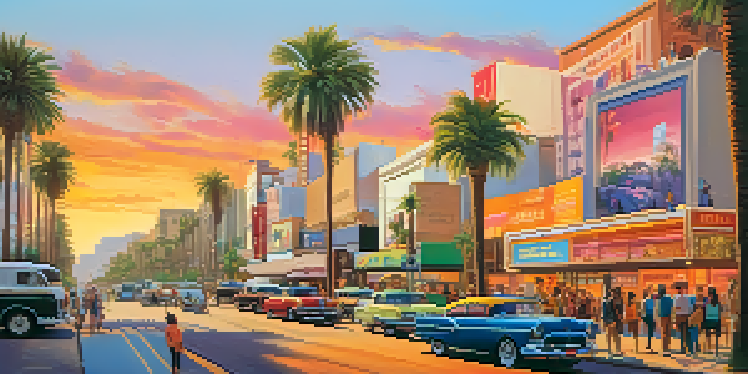 A busy Hollywood street with colorful movie posters and people enjoying the scene during sunset.