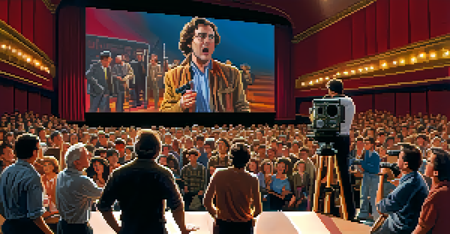 A film director passionately gesturing in front of a large movie screen, surrounded by crew members and film equipment.