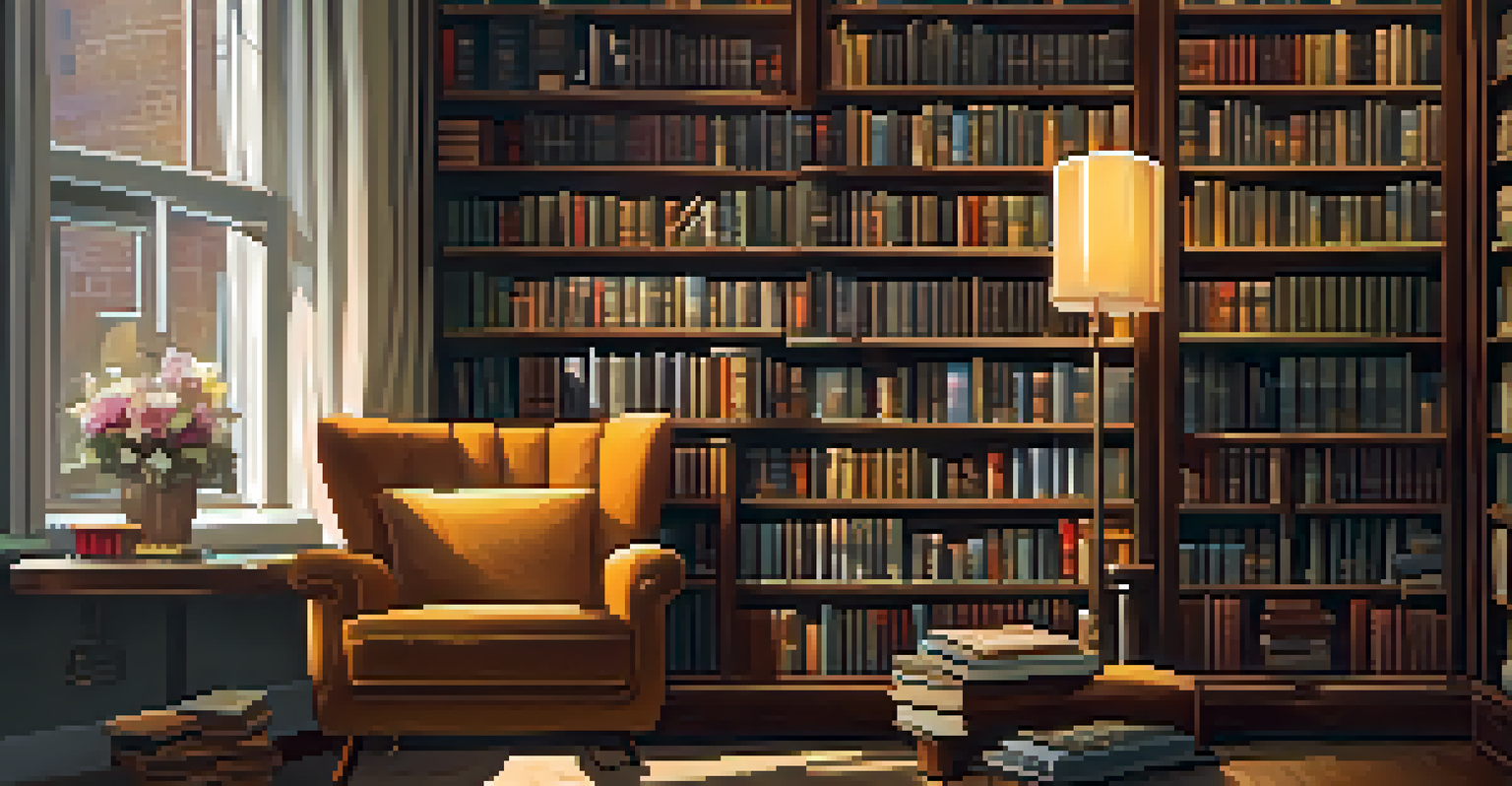 A bookshelf filled with crime novels and films next to a cozy reading nook, illuminated by warm light from a lamp.