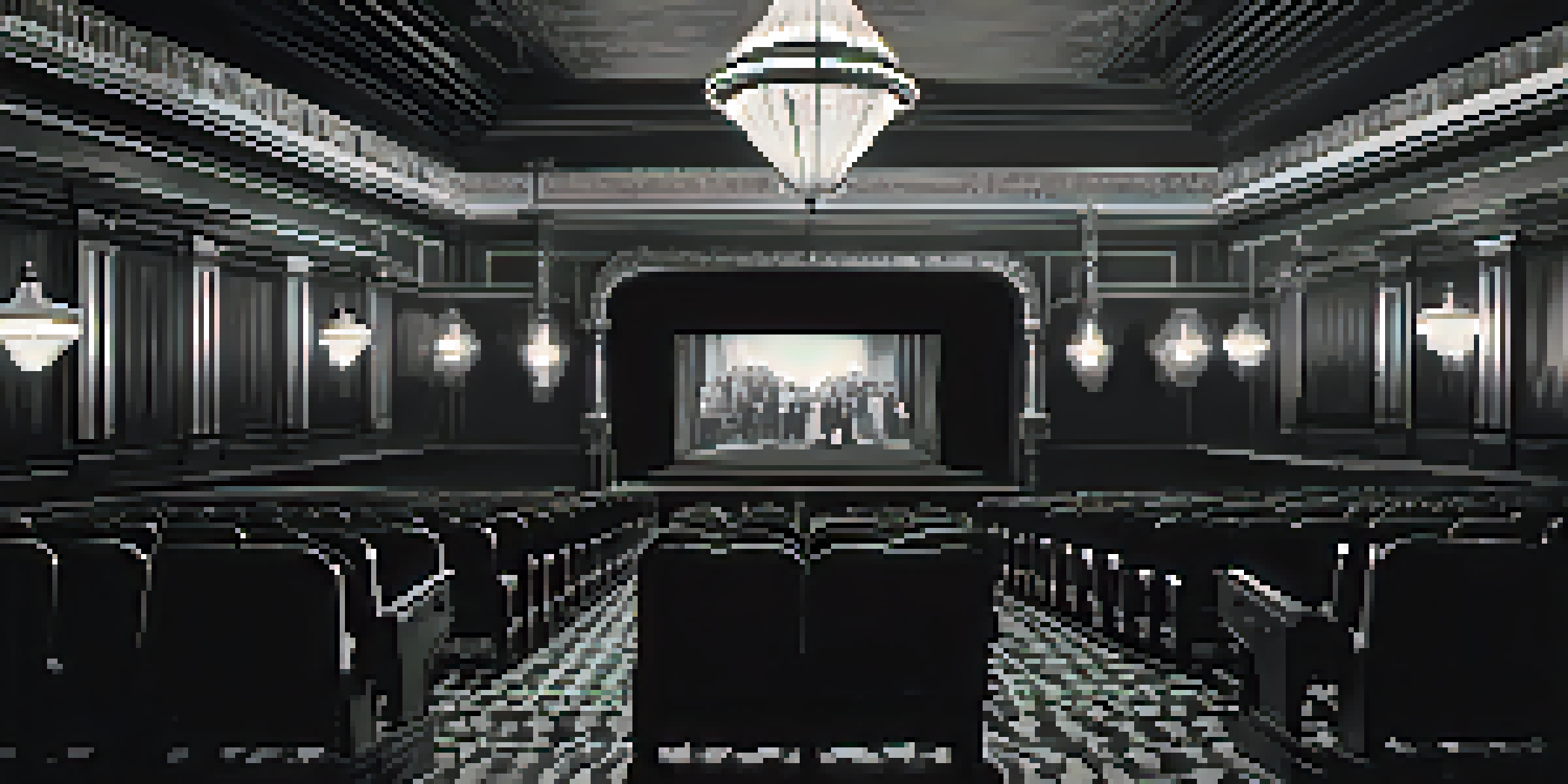 A vintage cinema scene featuring an old theater with patrons in 1920s attire watching a silent movie in black and white.