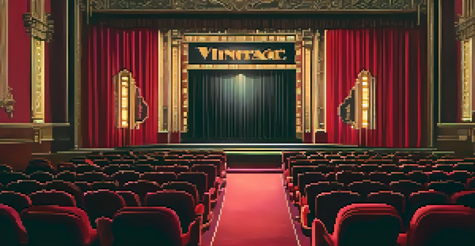 A vintage cinema hall with Art Deco architecture, red velvet seats, and a classic silent film on the screen, dimly lit with warm lighting.