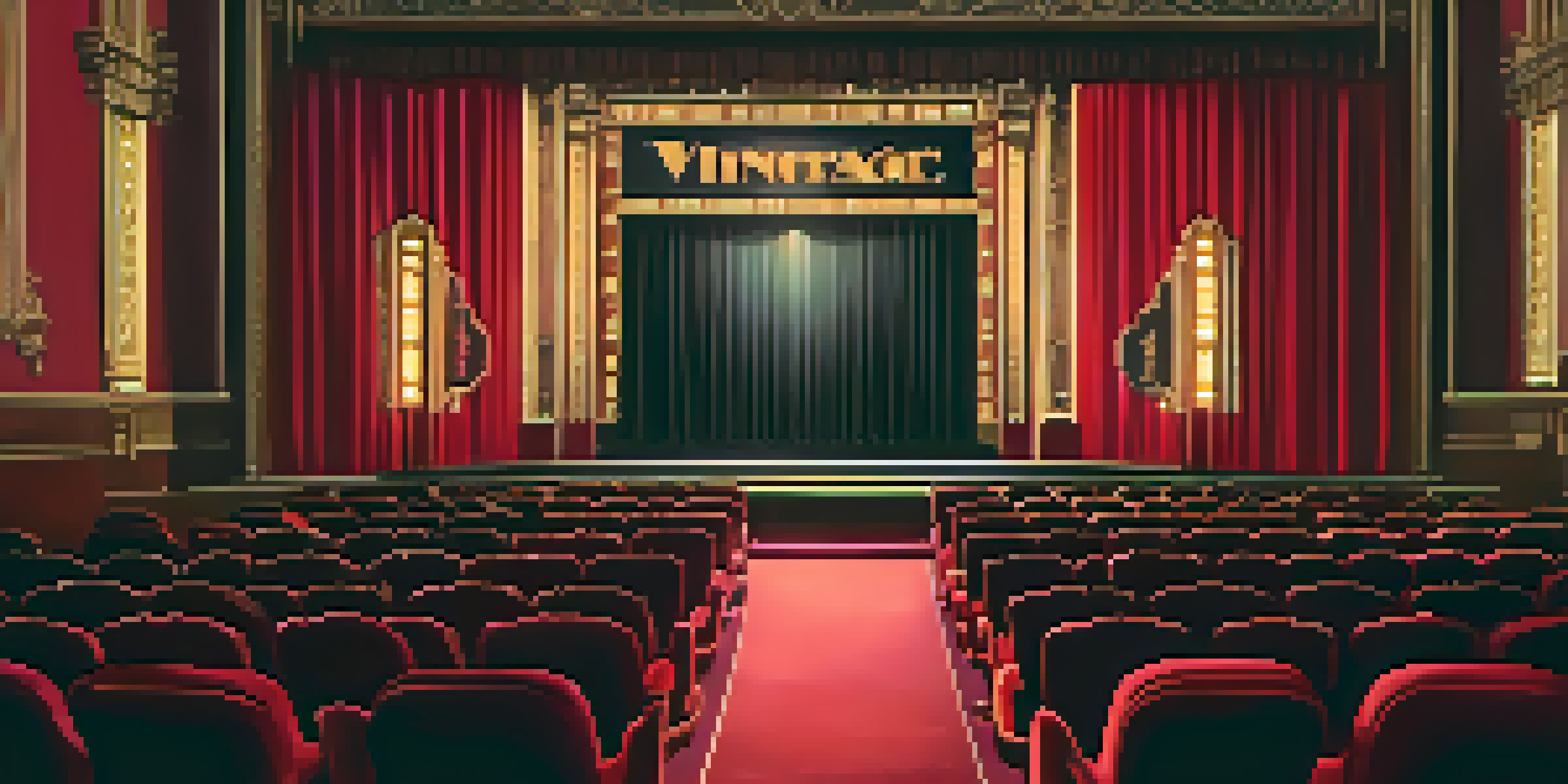 A vintage cinema hall with Art Deco architecture, red velvet seats, and a classic silent film on the screen, dimly lit with warm lighting.