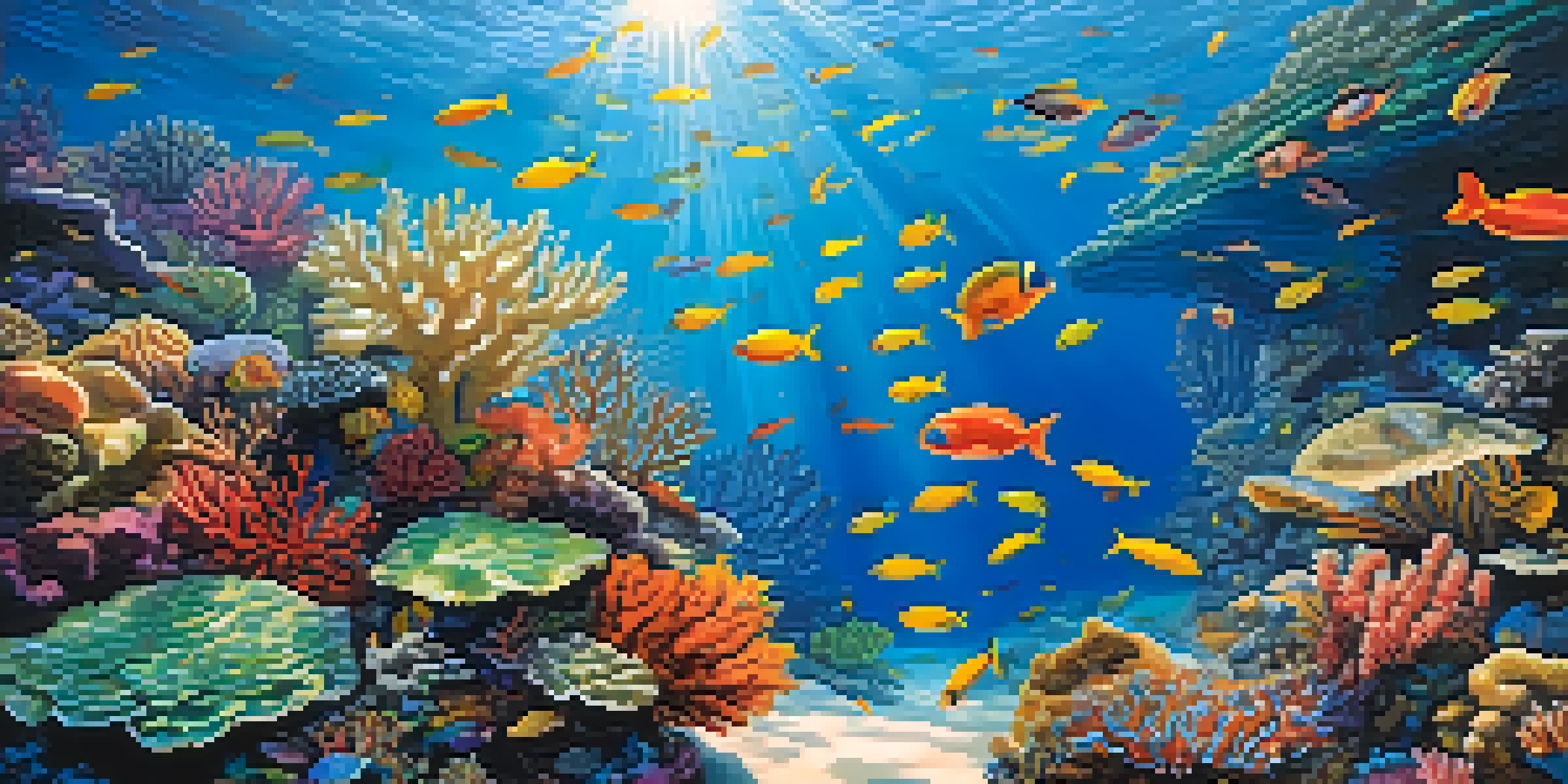 An underwater coral reef with colorful fish swimming among the corals, illuminated by sunlight.