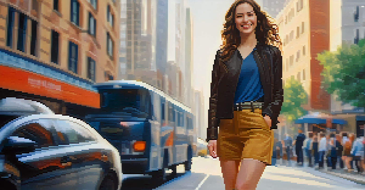 A young woman with a prosthetic leg smiling confidently on a city street, dressed in stylish clothing with a blurred urban background.