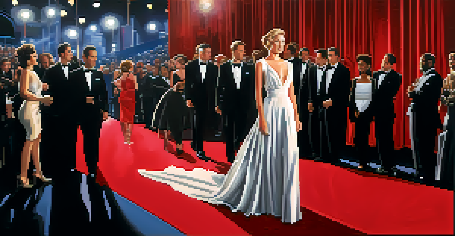 A modern Hollywood film premiere with diverse filmmakers and actors on the red carpet, illuminated by flashbulbs.