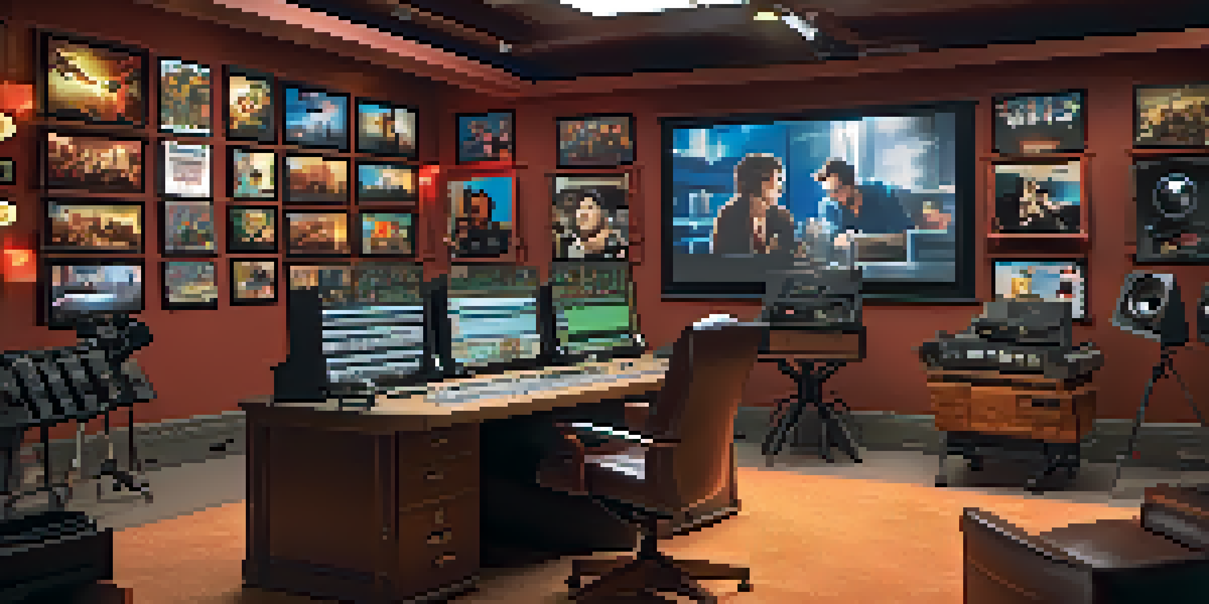 A cozy film editing room with soft lighting, featuring an editing console, multiple screens, and film posters on the walls.