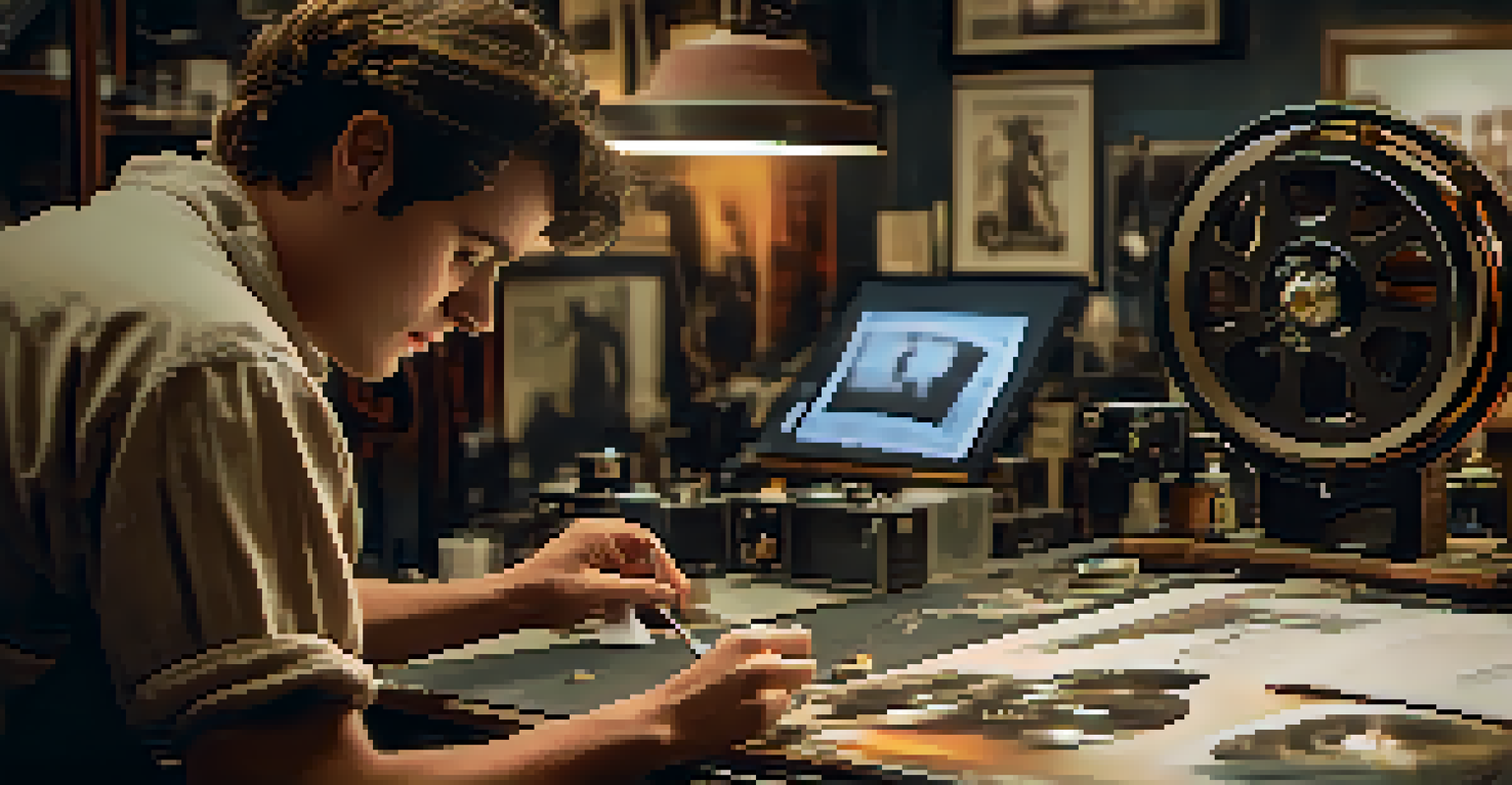 A technician in a film restoration workshop, surrounded by tools and classic film posters, carefully working on an old film reel under soft lighting.