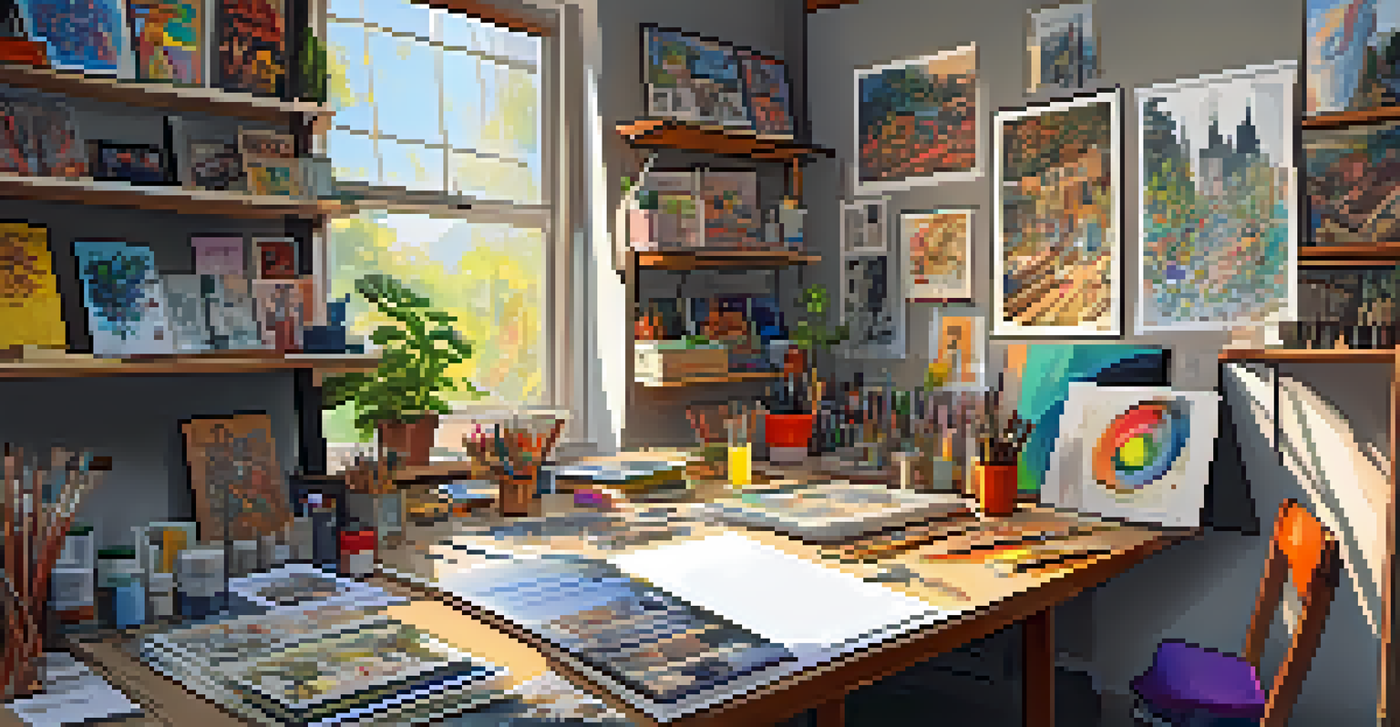 An artist's studio showcasing sketches and paintings for a graphic novel adaptation, filled with art supplies and sunlight.
