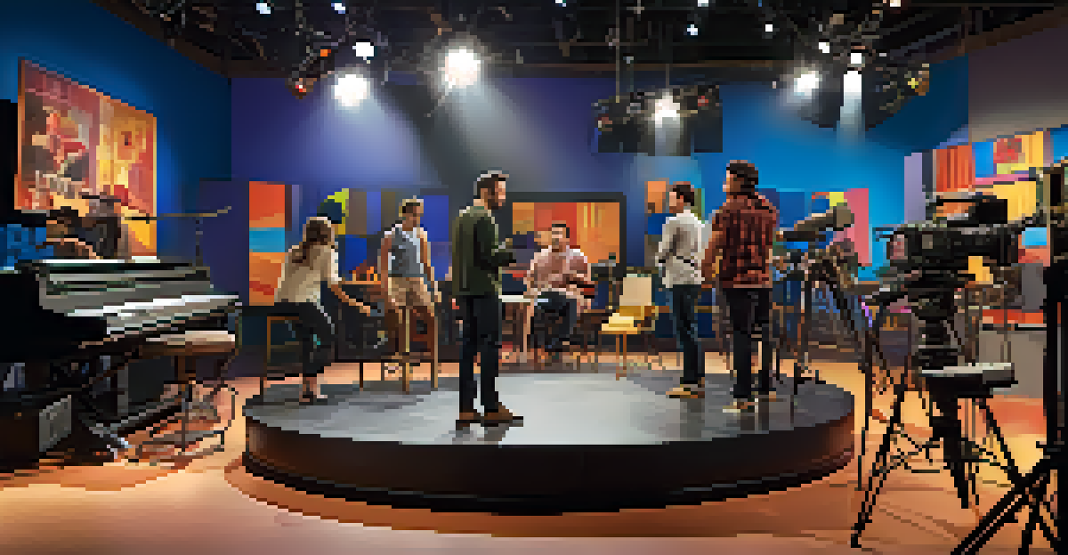 Actors rehearsing a scene in a colorful modern television production studio, surrounded by props and lighting equipment.