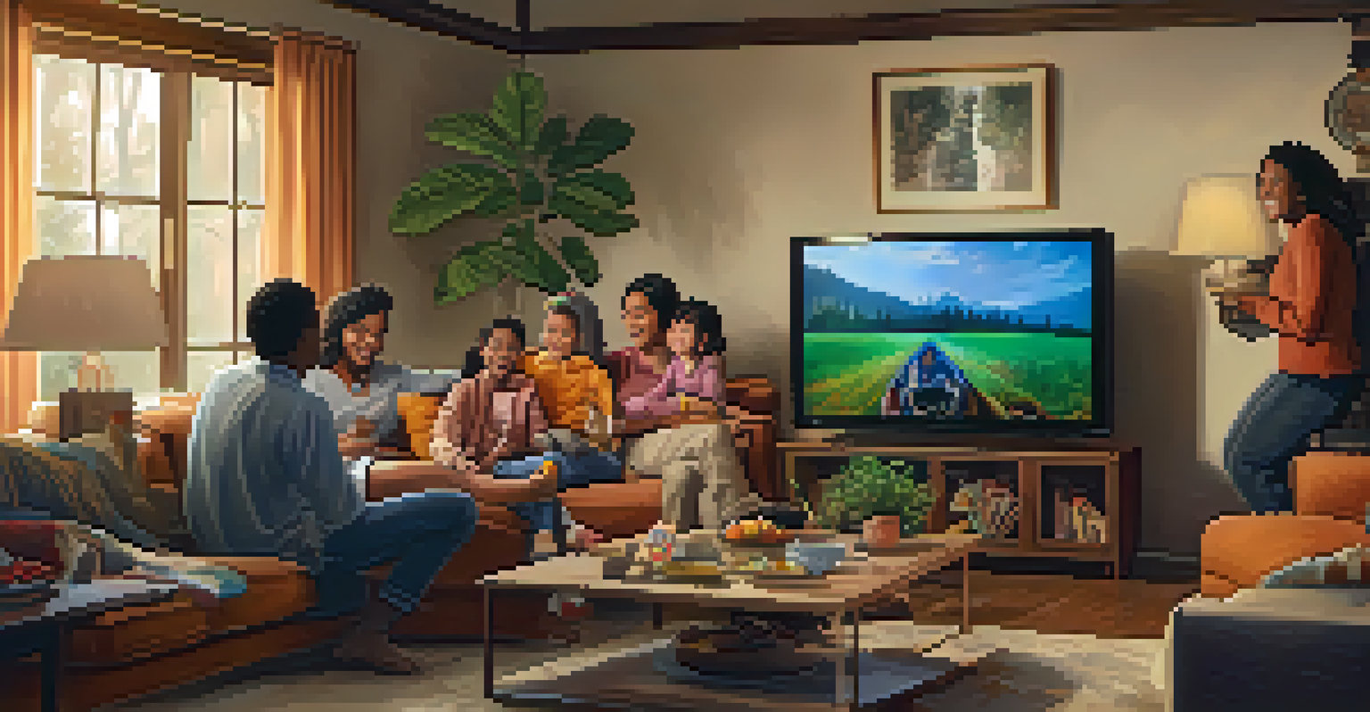 A family happily watching a diverse TV show in a cozy living room.