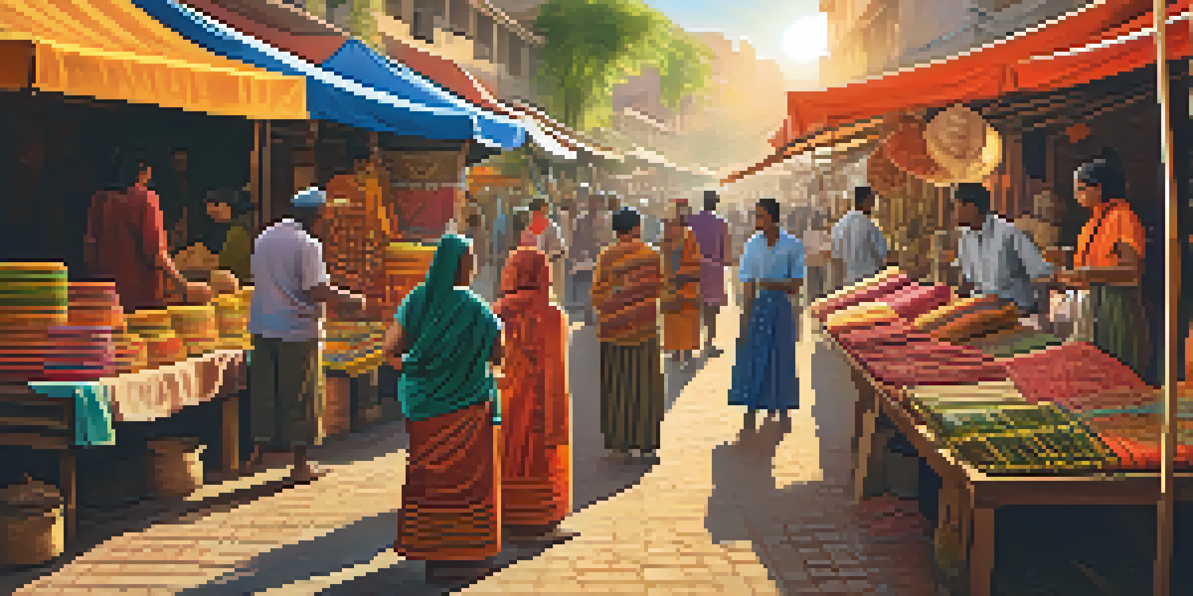 A lively street market filled with artisans selling colorful traditional textiles and crafts, with people interacting and greenery in the background.