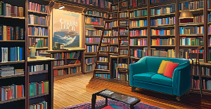A colorful bookshop display filled with popular novels and movie adaptations, featuring a cozy reading nook with chairs and a coffee cup.