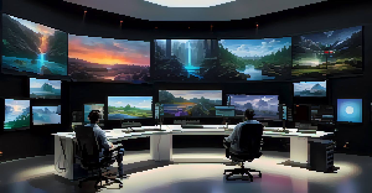 A visual effects studio with artists collaborating on CGI landscapes and characters, illuminated by multiple screens and futuristic equipment.