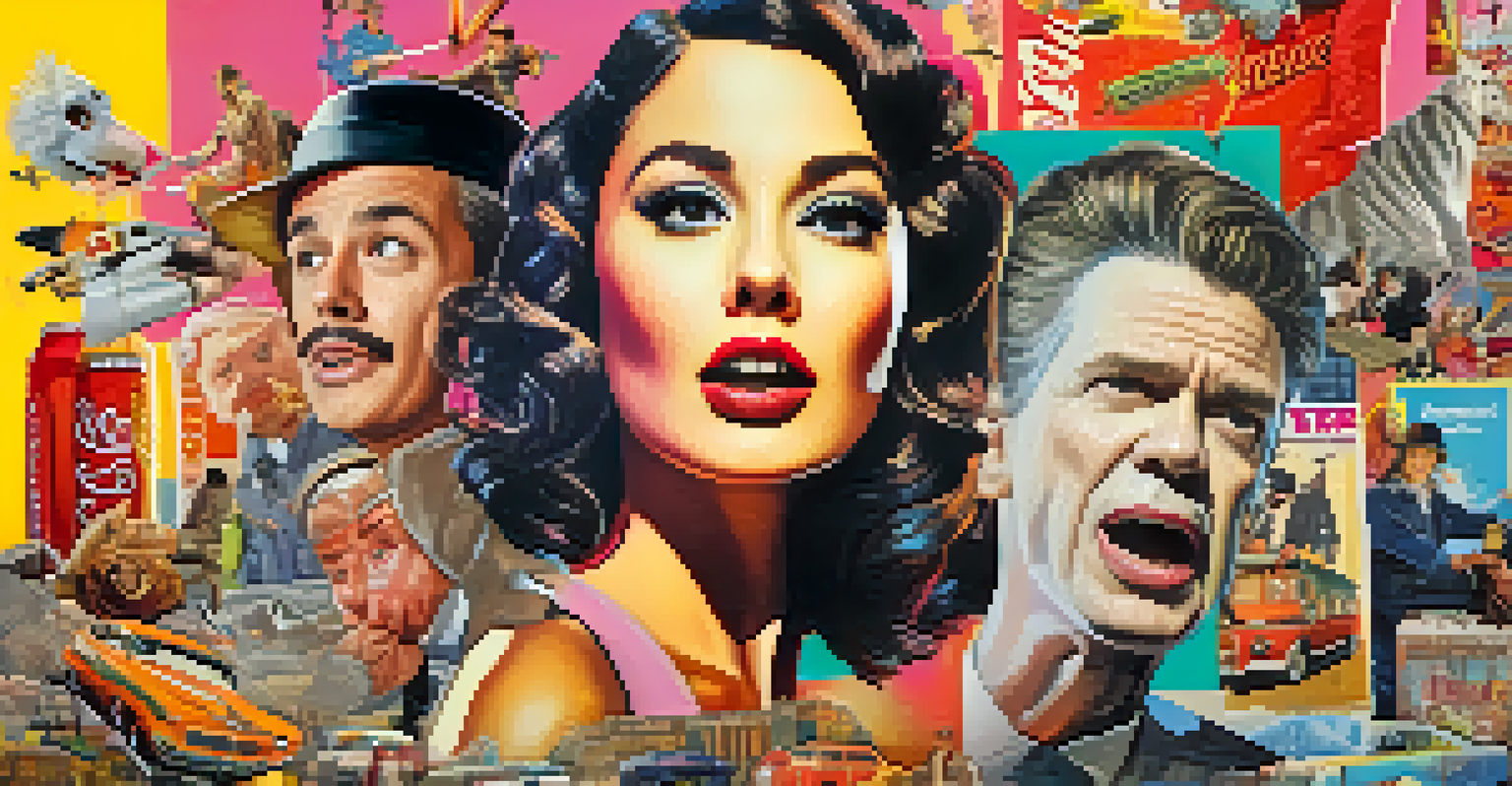 A creative collage of iconic movie posters, humorously altered to reflect comedy and parody elements, featuring bright colors and playful textures.
