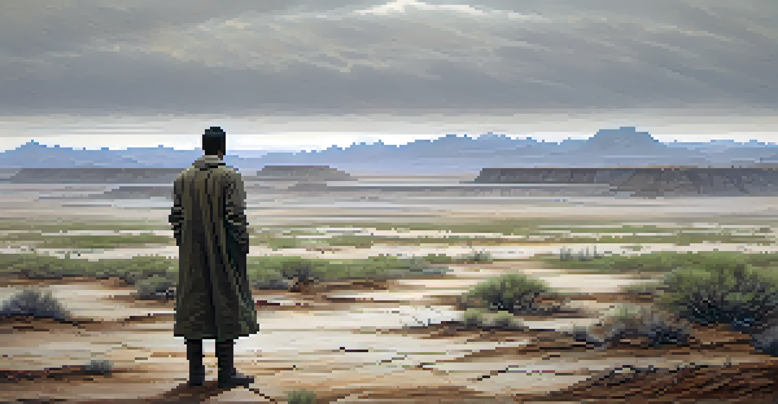 A barren wasteland with cracked earth and a lone figure looking towards a ruined city under an overcast sky.