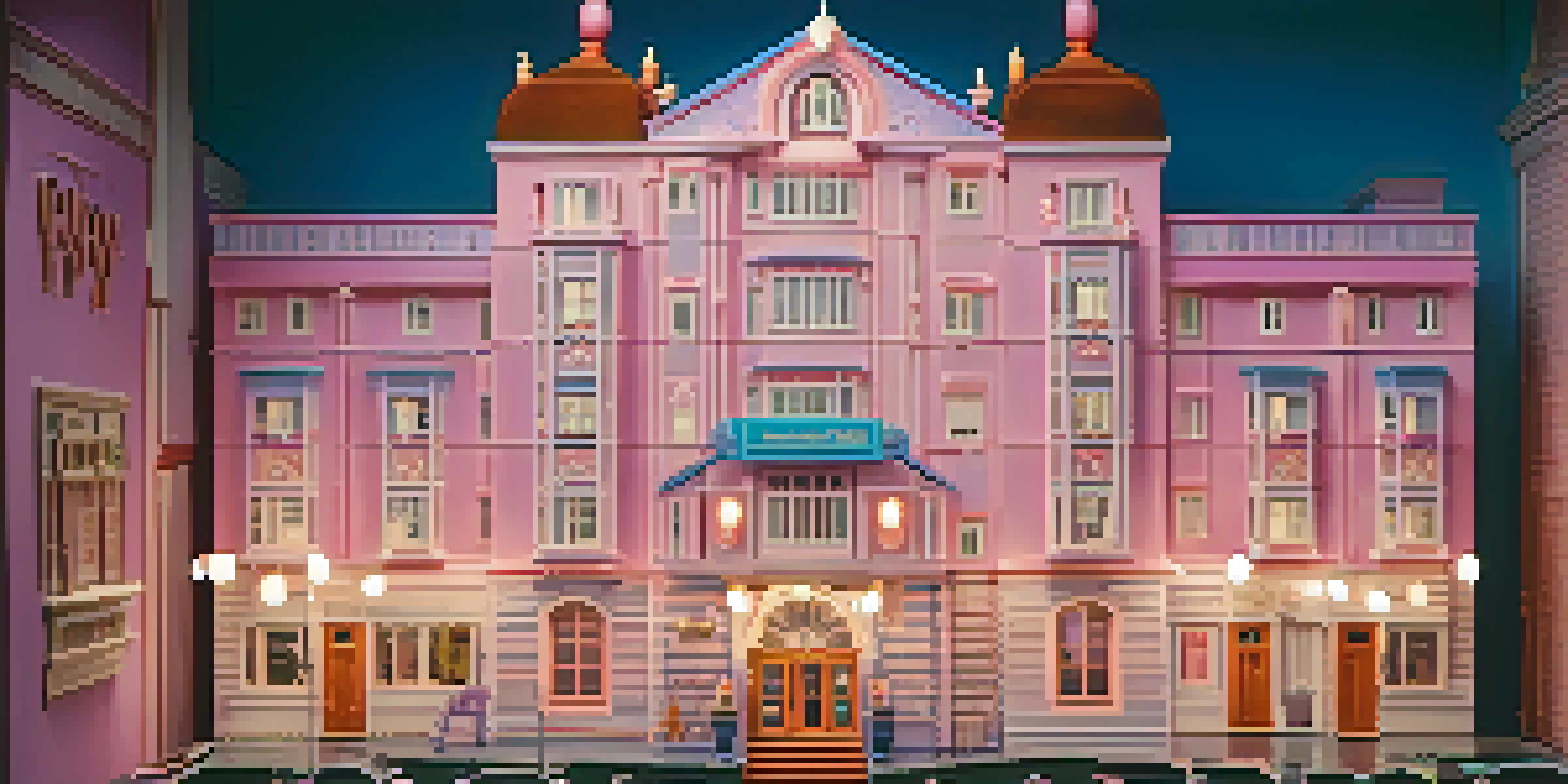 A colorful film set resembling a whimsical hotel with intricate architectural details and quirky props, bathed in soft warm lighting.
