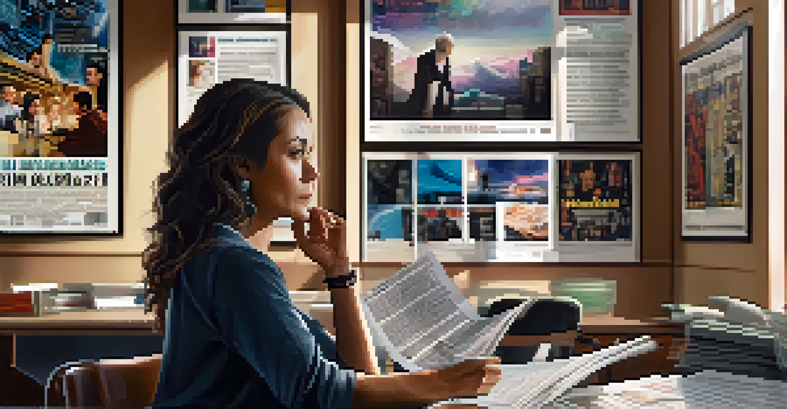 A female screenwriter discussing her script in a modern office, surrounded by diverse film posters.